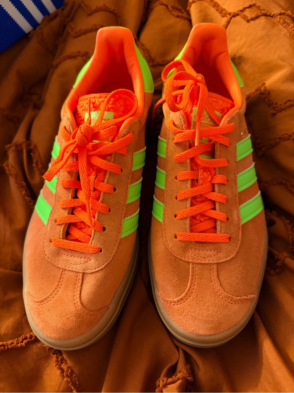 adidas Women's Gazelle Orange Suede Sneakers with Neon Green Stripes